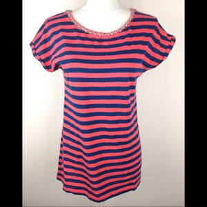 JCP Top Striped Pink and Blue Short Sleeve Beaded